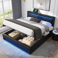 Łóżka - Łóżko tapicerowane Flieks 140x200cm z USB, łóżko na sprężynach hydraulicznych z LED, łóżko młodzieżowe ze stelażem listwowym, łóżko podwójne drewniane, PU, czarne - miniaturka - grafika 1