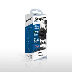Energizer Ultimate - Ładowarka sieciowa Multiplug EU / UK / US GaN USB-C 20W PD + kabel USB-C (Czarny) - Ładowarki do telefonów - miniaturka - grafika 3