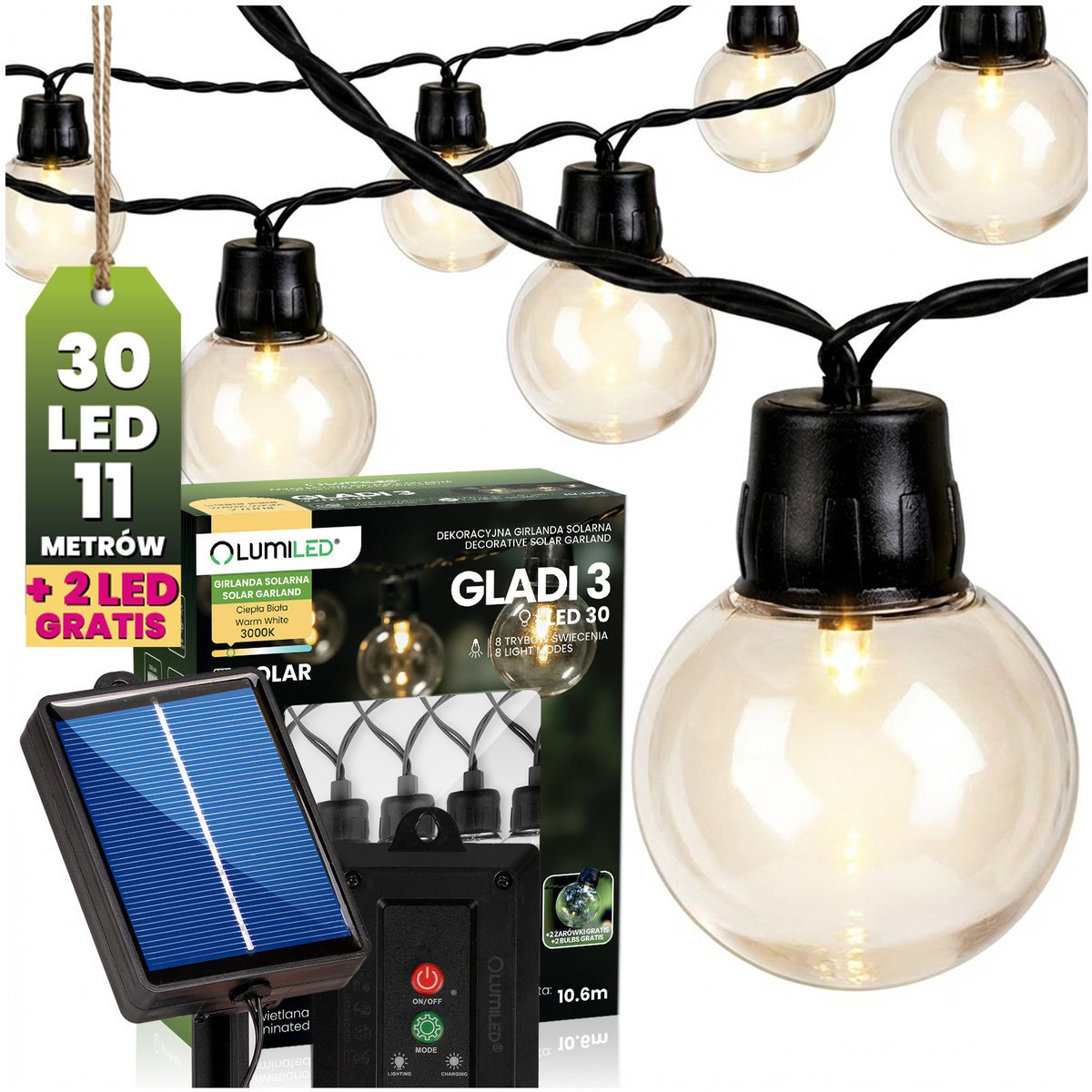 Lumiled Girlanda Solarna Ogrodowa 30 LED Balkonowa Ozdobne Kuleczki 10,6m 3000K Ciepła GLADI 3
