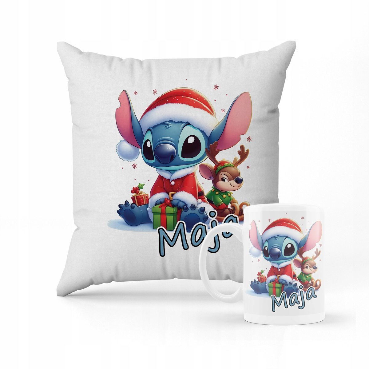 ZESTAW PODUSZKA + KUBEK Stich święta + IMIĘ 2