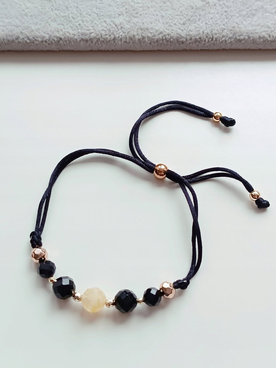 CZARNA BRANSOLETKA REGULOWANA CYTRYN CZARNY TURMALIN HEMATYT STAL STOPER