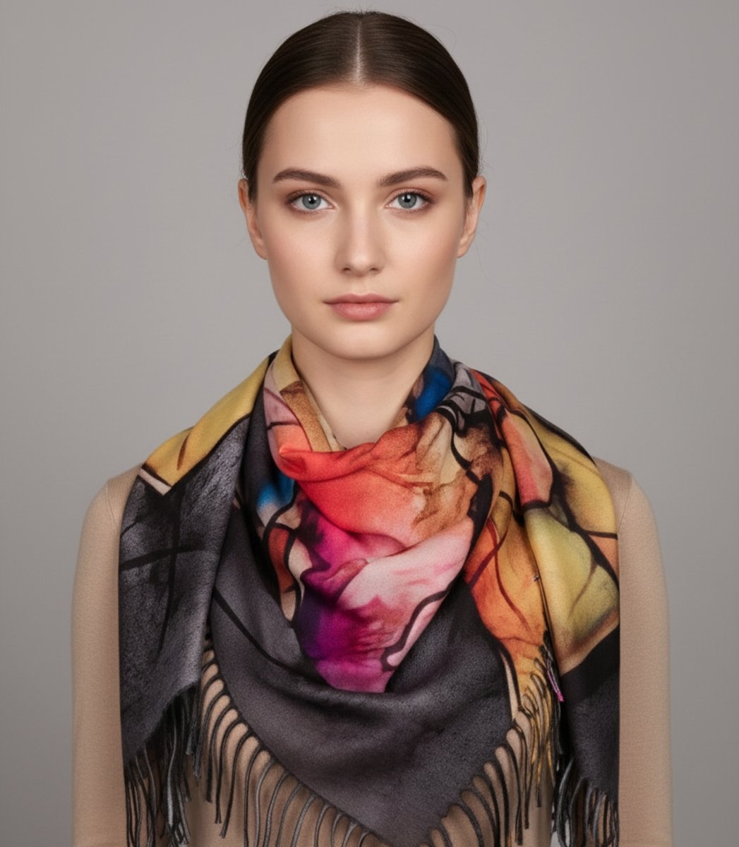 Chusta szal szalik abstrakcyjna wielokolorowa elegancka z frędzlami