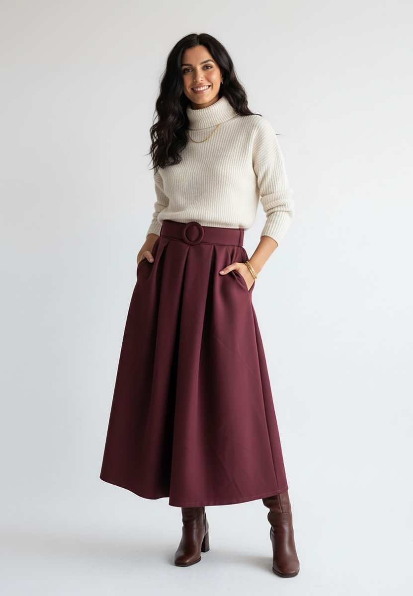 Rozkloszowana spódnica midi z paskiem i kieszeniami elegancka A-line - M1255, bordowy, S