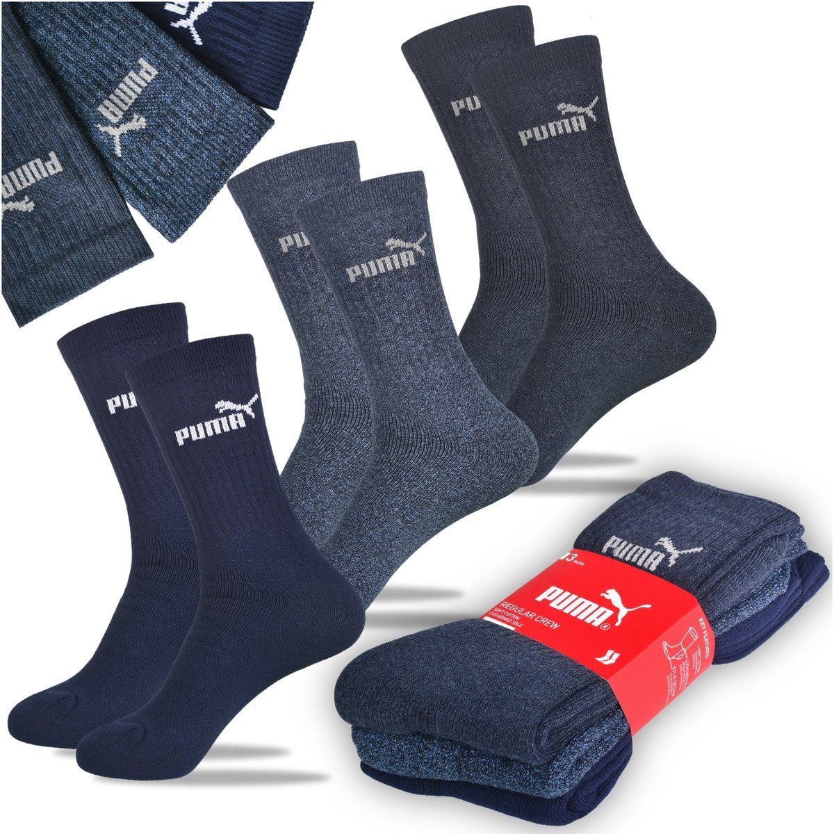 PUMA Skarpety Długie Bawełniane 3 pary Granat Basic 88329604 Rozmiar 35/38