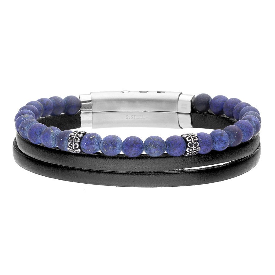 Bransoletka Męska czarne skórzane rzemienie i niebieskie koraliki lapis lazuli.