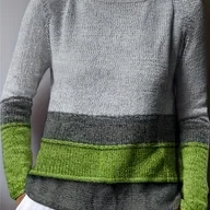 Swetry damskie - TEMU Sweter damski casualowy w kolorowe bloki - off-shoulder z długim rękawem, szaro-zielony, prążkowany, nadrukowy, do prania w pralce, modna bluzka - miniaturka - grafika 1