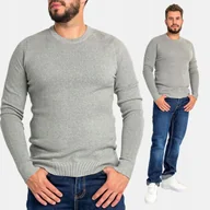 Swetry męskie - Sweter Męski Bawełniany Gładki Dopasowany Okrągły Dekolt Klasyczny Szary XL - miniaturka - grafika 1