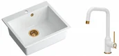 Zlewozmywaki z baterią - Quadron Zlewozmywak granitowy jednokomorowy 57*50*22 cm MORGAN 110 SNOW WHITE z miedzianym odpływem z baterią NATALIE Q LINE SNOW WHITE kolor biały mat/wykończenie miedź - miniaturka - grafika 1