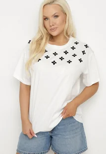 Biały T-shirt z Bawełny Ozdobiony Cyrkoniami i Haftami Firarette - Koszulki i topy damskie - miniaturka - grafika 1