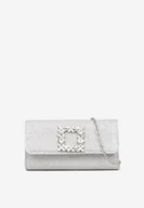 Torebki damskie - Srebrna Torebka Kopertówka z Łańcuszkiem i Aplikacją w Kształcie Klamry Ahenli - miniaturka - grafika 1