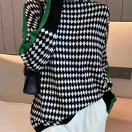 Swetry damskie - TEMU Elegancki Sweter Damski w Pepitkę z Wysokim Kołnierzem - Czarno-Biały ze Zielonym Kontrastem, Rozciągliwy Pulower na Jesień i Zagięcie Regularne - miniaturka - grafika 1