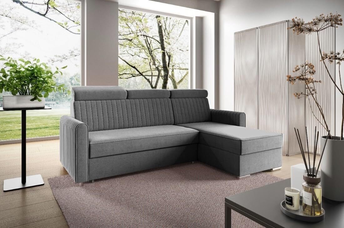 LIKMA Narożnik 213 cm Grafitowy Rozkładany NELI Kształt L z Funkcją Spania (190x125 cm) i Pojemnikiem na Pościel Sofa z Regulowanymi Zagłówkami