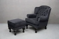 Taborety i hokery - Zestaw Fotel Pufa Tapicerowany New Barock Czarny B 2846 - miniaturka - grafika 1