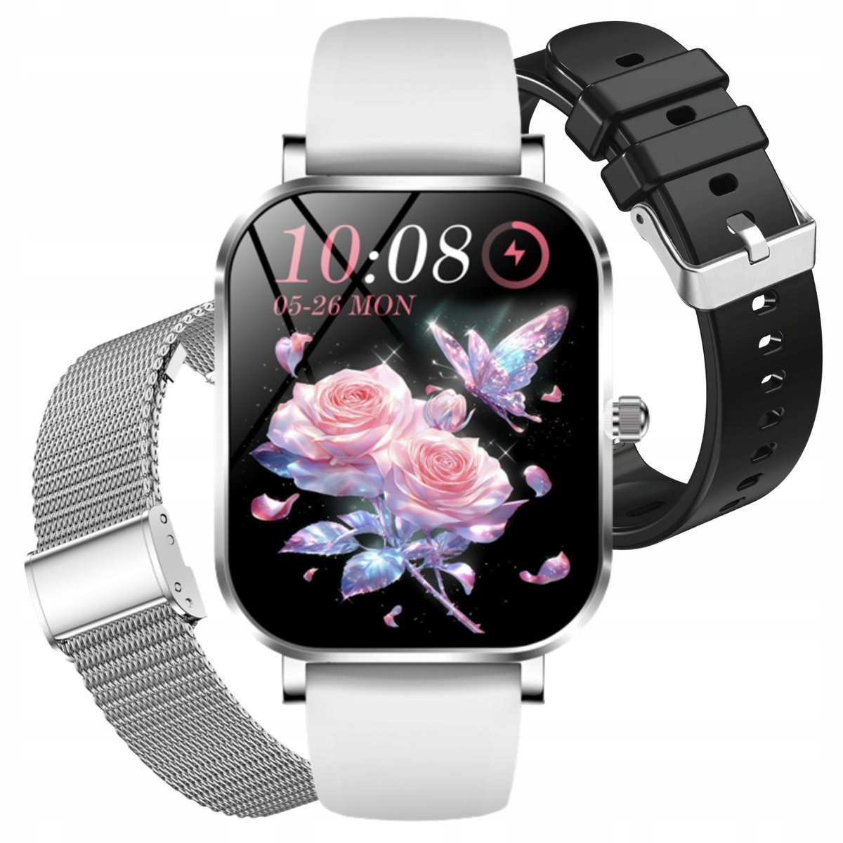 Smartwatch Damski Angelo AK-90 Srebrny Zestaw 3 Paski Rozmowy Bluetooth Pulsometr Menu PL