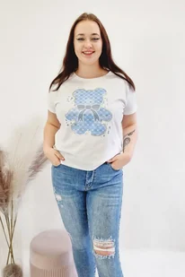 Bawełniana Koszulka z Aplikacją Niebieskiego Misia Biała UNI - Bluzki damskie - miniaturka - grafika 1