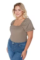 Body - Trendyol Damska bluzka slim bodycon kwadratowy kołnierz dzianina plus size bluzka koszula, Kolor norek, XXL - miniaturka - grafika 1