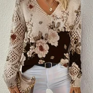 Swetry damskie - TEMU Elegancki Sweter Damski z Dekoltem w Serek - Beżowy/Brązowy/Czarny/Biały/Kwiatowy Wzór, Długi Rękaw, Ciepła Bluzka na Zimę, Tunika do Prania - miniaturka - grafika 1