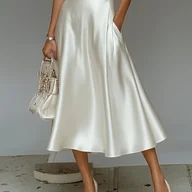 Spódnice - TEMU Spódnica A-line z satyny dla kobiet, uniwersalna spódnica ołówkowa w jednolitym kolorze - miniaturka - grafika 1