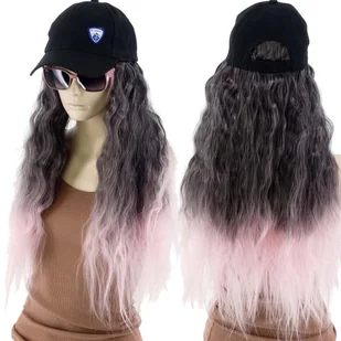 Damska czapka z daszkiem I peruka włosy długość 40cm szary z różowym - Ozdoby do włosów - miniaturka - grafika 1