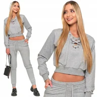 Bluzy damskie - Bluza Dresowa Damska Crop-Top z Kapturem i Wiązaniem Wygodna Szara MORAJ S - miniaturka - grafika 1
