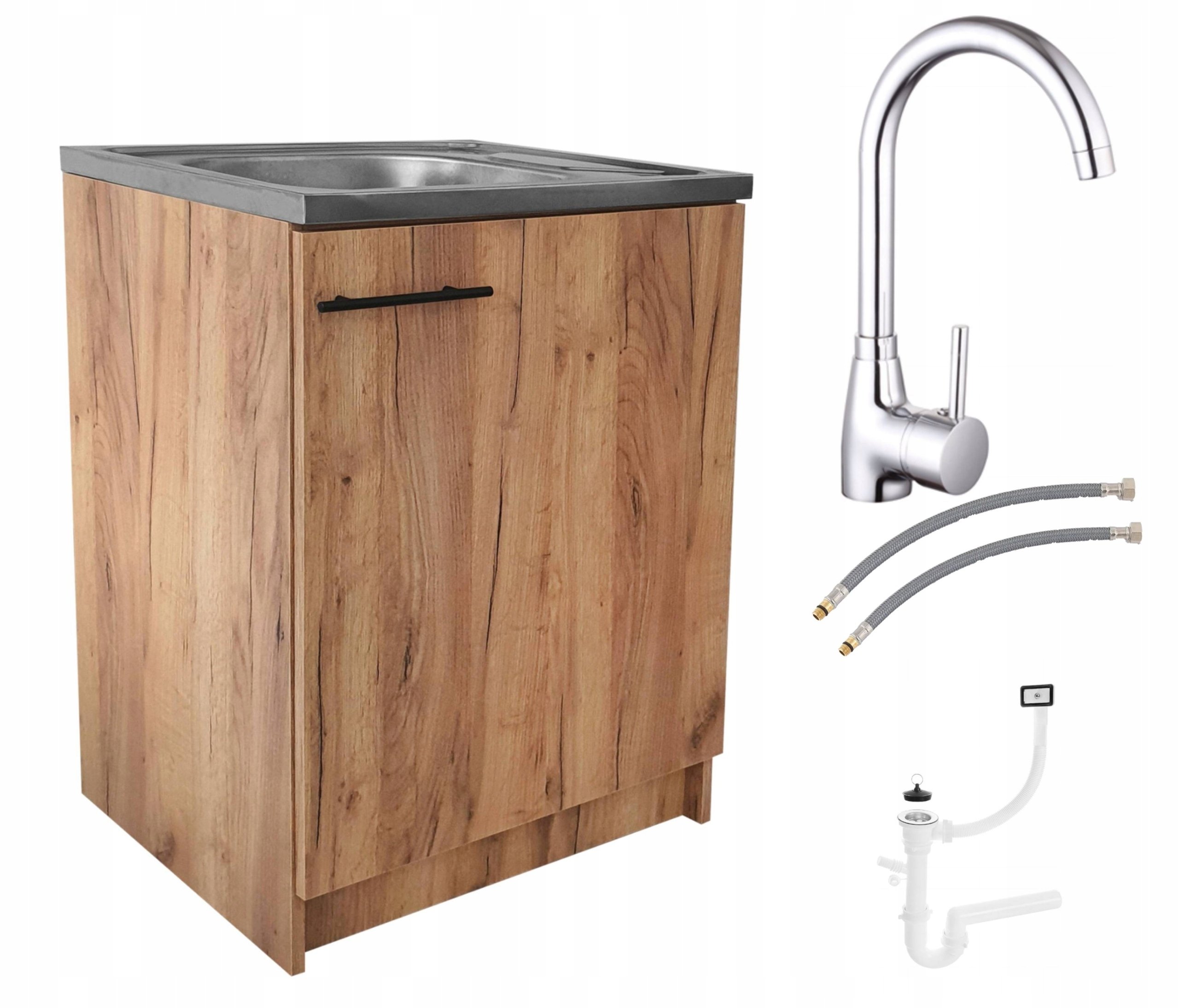 Stamar Szafka kuchenna 60 cm slim dąb złoty, zlewozmywak duża komora, bateria wysoka, syfon