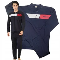 Piżamy damskie - PIŻAMA MĘSKA 4XL KOMPLET BAWEŁNA prezent granat długa rozpinana wygodna - miniaturka - grafika 1