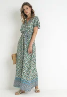 Sukienki - Miętowa Sukienka z Wiskozy w Etno Wzór z Gumką i Paskiem w Talii Lucassa - Born2be - miniaturka - grafika 1