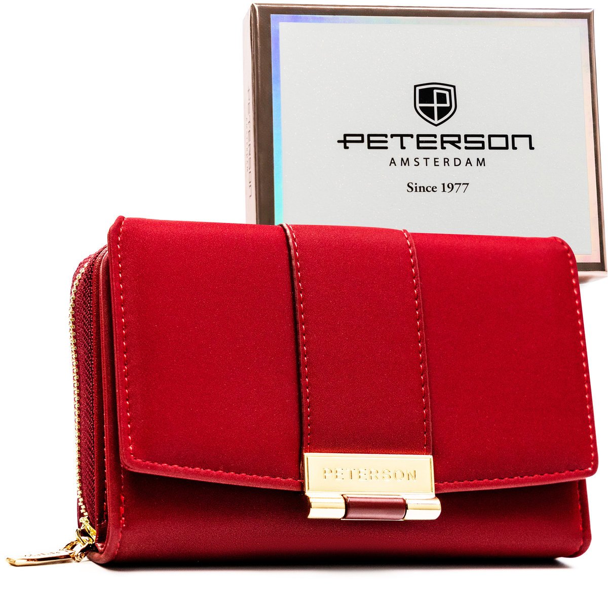 Elegancki portfel damski PETERSON mały poziomy na zatrzask i suwak złote okucia ochrona RFID czerwony
