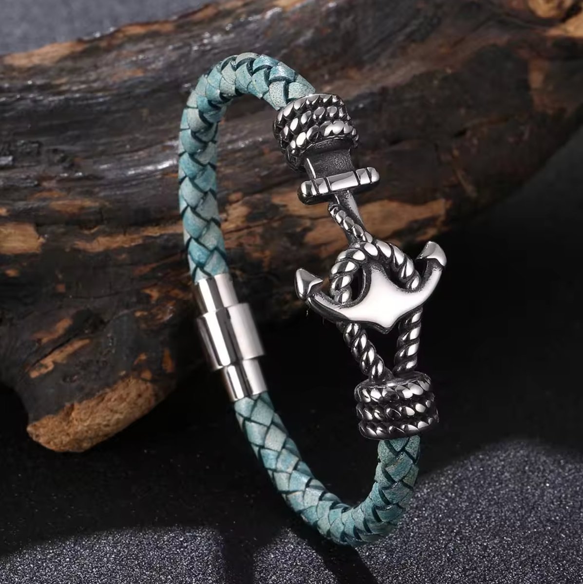 Bransoletka Kotwica Skórzana Stalowa Niebieska Błękit Mocne Zapięcie Magnes