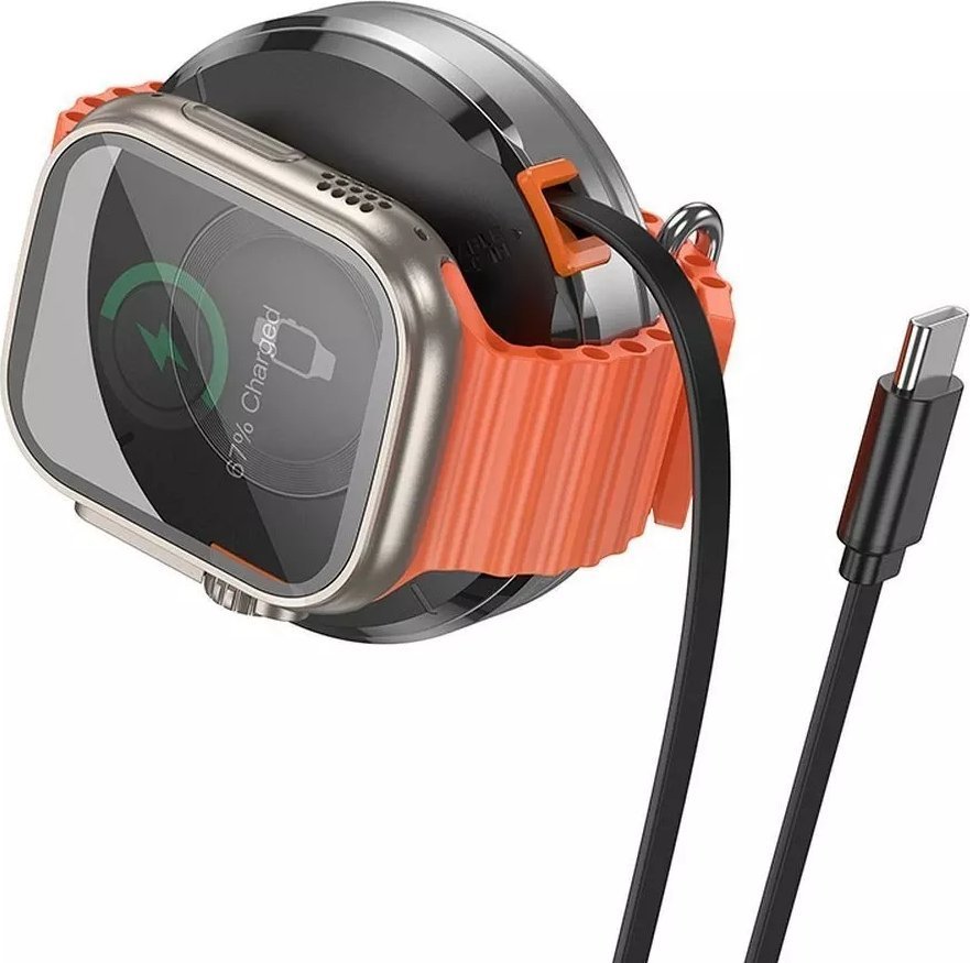 HOCO Ładowarka Indukcyjna Z Chowanym Kablem Typ C Kompatybilna Z MagSafe I Apple Watch 15W CQ18 Srebrna