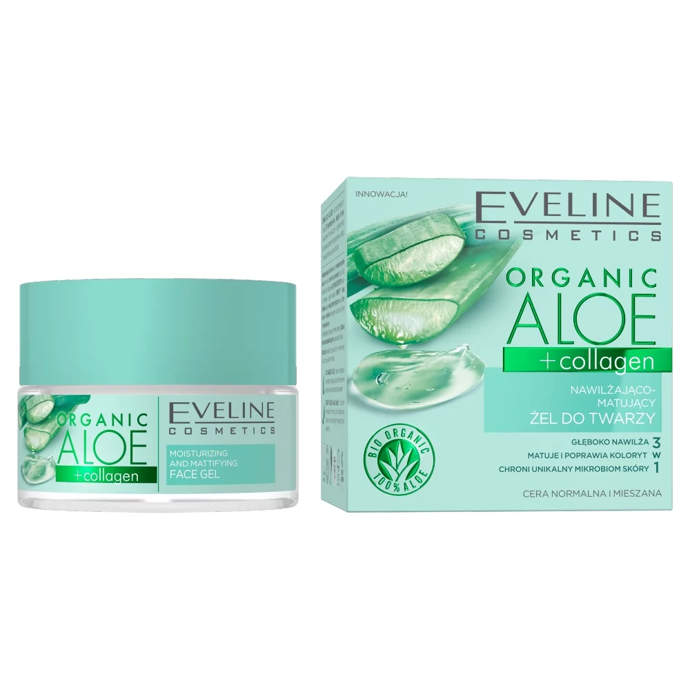Eveline COSMETICS Organic Aloe + Collagen Nawilżająco-matujący żel do twarzy, 50 ml
