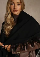 Apaszki i szaliki damskie - Czarny Bawełniano-Wiskozowy Szalik w Kształcie Trójkąta z Frędzlami Vetisara - miniaturka - grafika 1