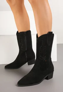 Czarne Ażurowe Botki Vices na Obcasie w Stylu Kowbojek Helori - Botki damskie - miniaturka - grafika 1