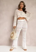 Spodnie damskie - Białe Ażurowe Spodnie Flare ze Sznurkiem i Gumką w Talii Alinata - miniaturka - grafika 1
