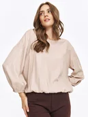 Bluzki damskie - Luźna beżowa bluzka z gumką w rękawie - miniaturka - grafika 1