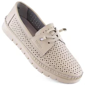 Półbuty damskie - Skórzane półbuty damskie wsuwane ażurowe beżowe Vinceza 7872 beżowy - miniaturka - grafika 1