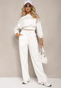 Komplety damskie - Biały Bawełniany Komplet Bluza Krótka ze Ściągaczem i Szerokie Spodnie ze Sznurkiem w Pasie Rionnea - miniaturka - grafika 1