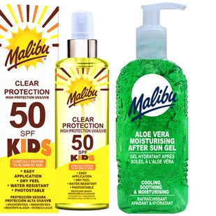Malibu Bezbarwny Spray Dla Dzieci SPF50 250ml + Aloe Żel Po Opalaniu 200ml - Kosmetyki kąpielowe dla dzieci - miniaturka - grafika 1
