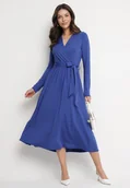 Sukienki - Niebieska Sukienka Kopertowa z Wiskozą Wiązana w Talii Drestalia - miniaturka - grafika 1