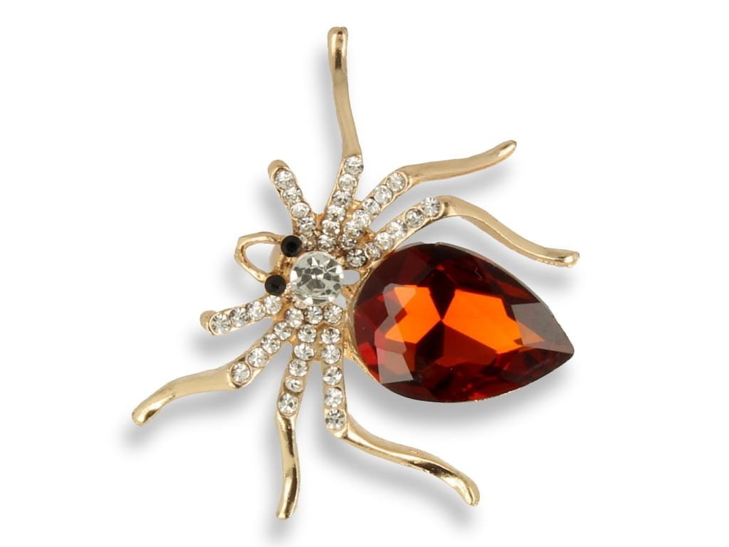 Broszka Damska Złoty Pająk Z Brązowym Kamieniem I Cyrkoniami