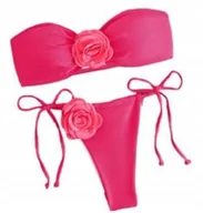 Stroje kąpielowe - Strój kąpielowy dwuczęściowy z ozdobnymi kwiatami bandeau różowy S - miniaturka - grafika 1