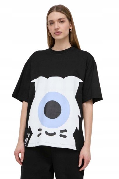 KARL LAGERFELD CZARNY T SHIRT Z NADRUKIEM KOTA BAWEŁNA S I1E
