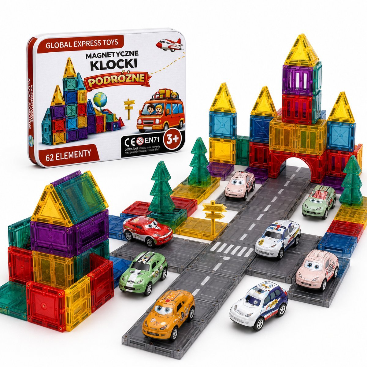 Klocki magnetyczne mini Travel podróżne 62 elementy 8 autek z napędem 3+