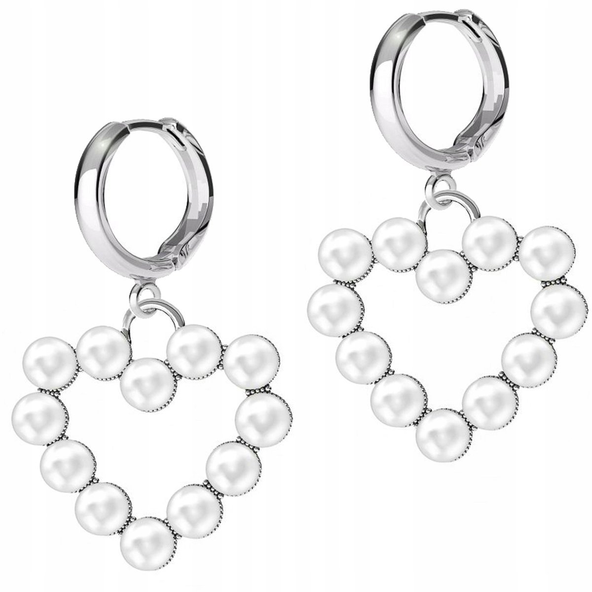 Kolczyki Srebrne Serce z Białymi Perłami Biała Perła Serduszko SREBRO 925