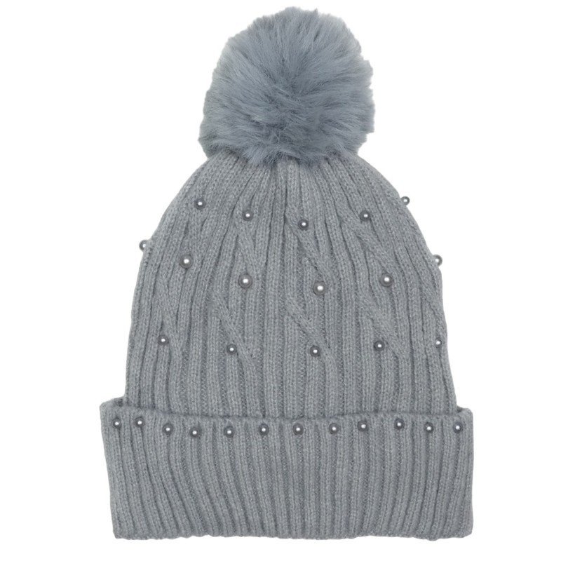 Czapka Zimowa Dzianinowa Z Pomponem I Perełkami Szara Cz35Wz2