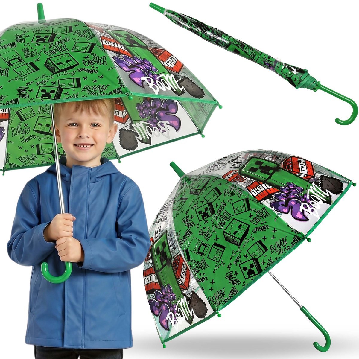 Minecraft Parasolka dziecięca NA ZATRZASK, SKŁADANY transparentny parasol MANUALNY 46cm