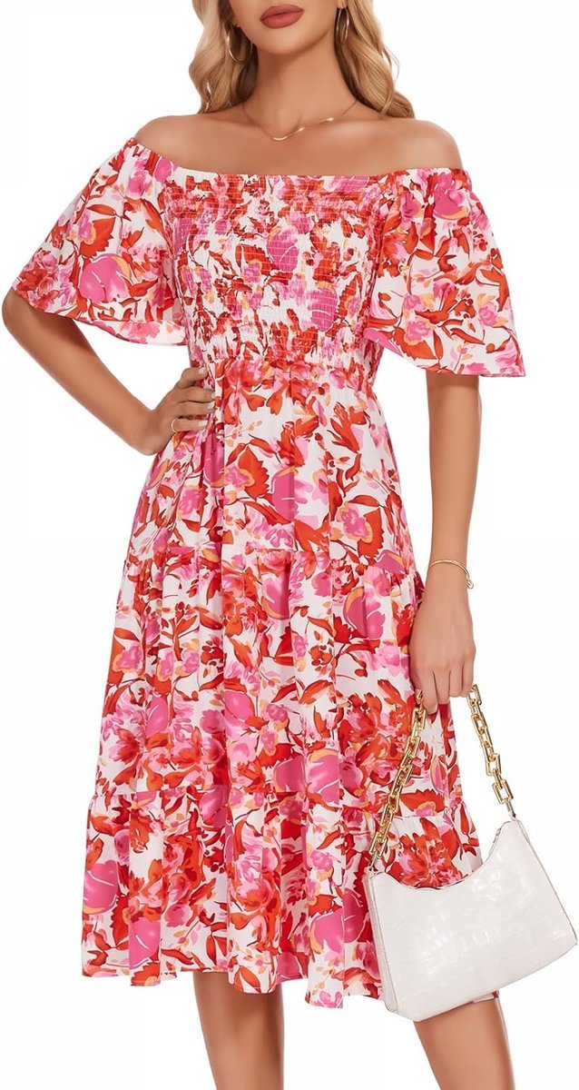 Sukienka Letnia Midi Boho Lekka na Lato Zwiewna Kwiatowa Czerwona 3XL