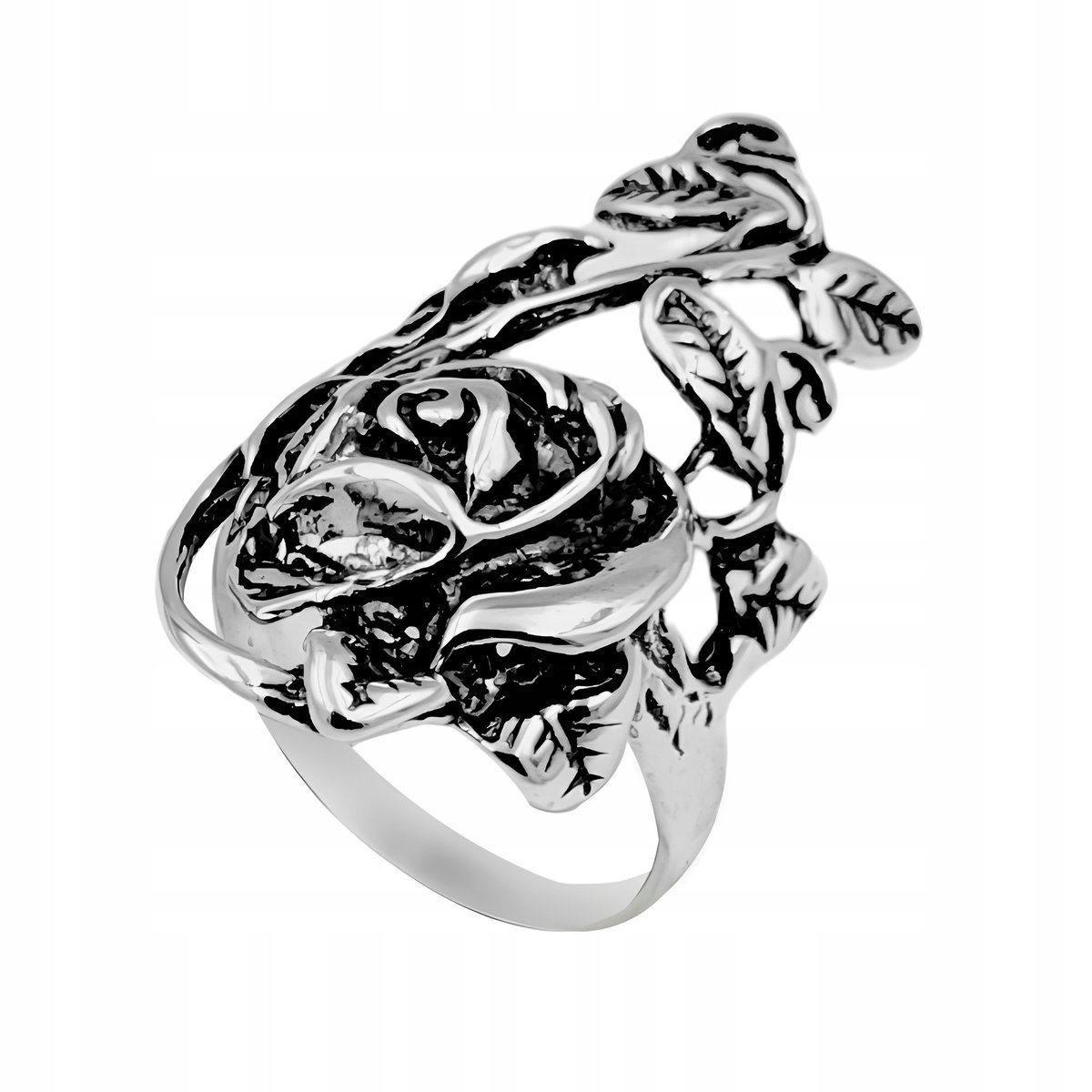 Pierścionek Srebro 925 Damski Oksydowany Kwiat Róży z Liśćmi Vintager. 24