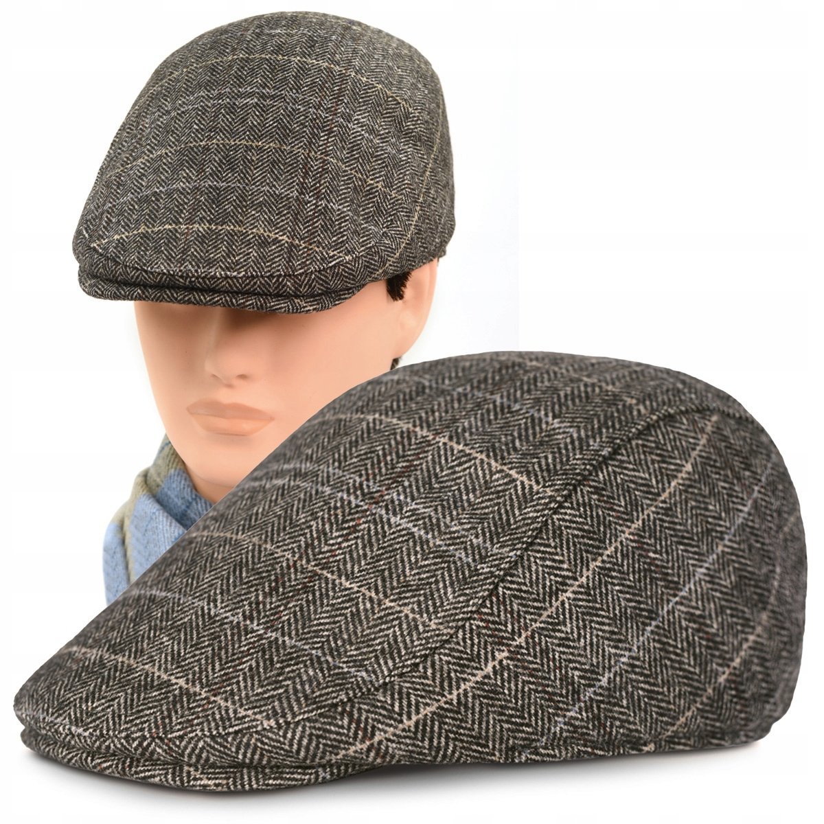 Kaszkiet Męski Zimowy Ocieplany Elegancka Czapka w Jodełkę z Wełną