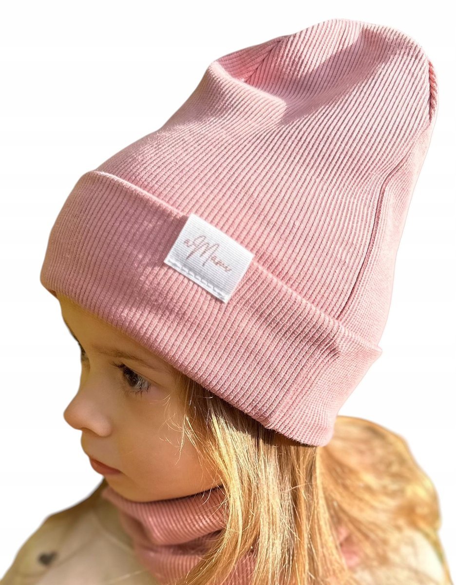 Czapka i komin prążek przejściowy BRUDNY RÓŻ komplet aMami